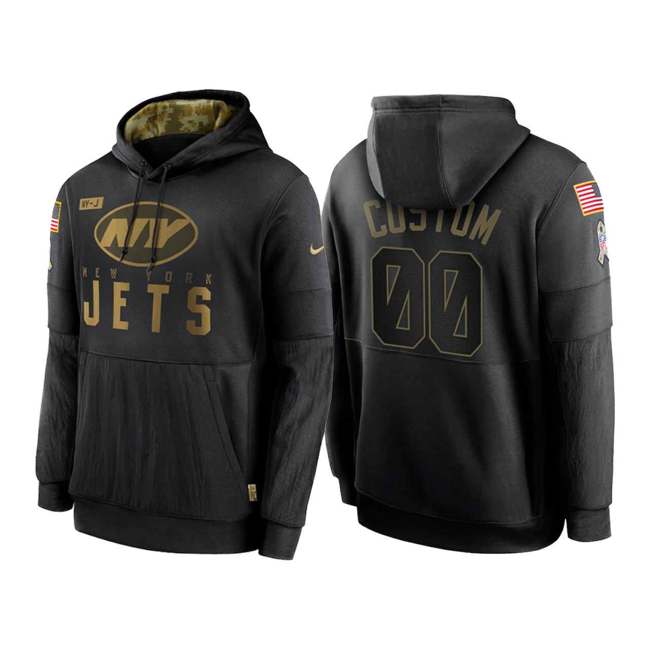 Men's New York Jets Customized 2020 Black Salute To Service Sideline Performance Pullover Hoodie